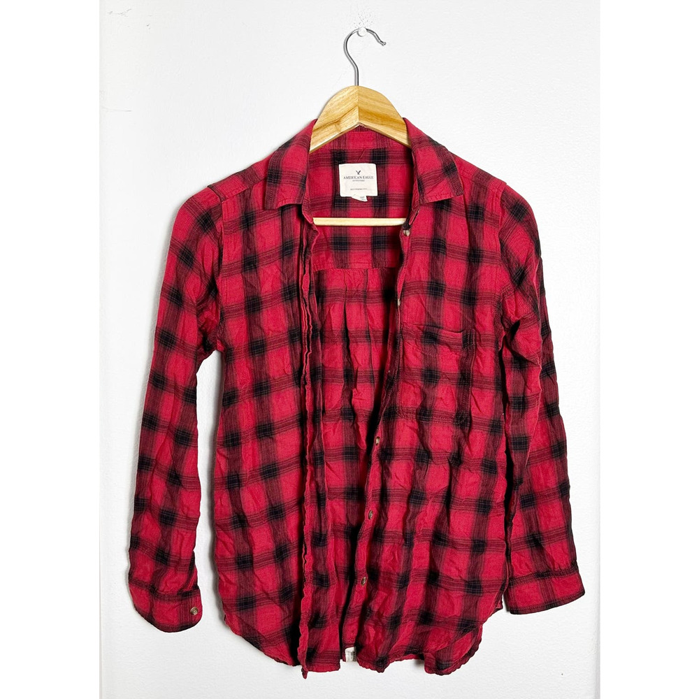 American Eagle Red Black Boyfriend Flannel Shirt sz XS